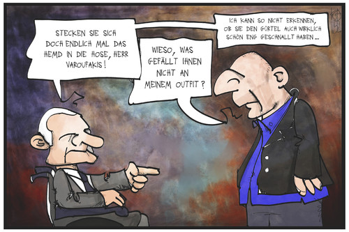 Cartoon: Schäuble und Varoufakis (medium) by Kostas Koufogiorgos tagged karikatur,koufogiorgos,illustration,cartoon,griechenland,schäuble,varoufakis,finanzminister,gürtel,deutschland,sparen,outfit,sparsamkeit,wirtschaft,politik,karikatur,koufogiorgos,illustration,cartoon,griechenland,schäuble,varoufakis,finanzminister,gürtel,deutschland,sparen,outfit,sparsamkeit,wirtschaft,politik