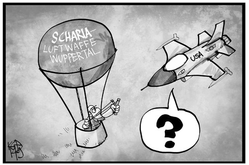 Cartoon: Scharia-Luftwaffe Wuppertal (medium) by Kostas Koufogiorgos tagged karikatur,koufogiorgos,illustration,cartoon,is,islamischer,staat,wuppertal,scharia,luftwaffe,krieg,militär,flugzeug,ballon,steinschleuder,terrorismus,angriff,politik,karikatur,koufogiorgos,illustration,cartoon,is,islamischer,staat,wuppertal,scharia,luftwaffe,krieg,militär,flugzeug,ballon,steinschleuder,terrorismus,angriff,politik