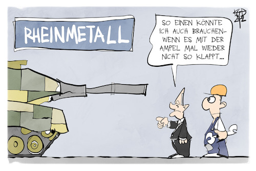 Cartoon: Scholz besucht Rheinmetall (medium) by Kostas Koufogiorgos tagged karikatur,koufogiorgos,rheinmetall,panzer,rüstung,ampel,scholz,karikatur,koufogiorgos,rheinmetall,panzer,rüstung,ampel,scholz