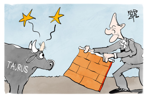 Cartoon: Scholz und der Taurus (medium) by Kostas Koufogiorgos tagged karikatur,koufogiorgos,taurus,stier,scholz,mauer,waffen,torrero,karikatur,koufogiorgos,taurus,stier,scholz,mauer,waffen,torrero