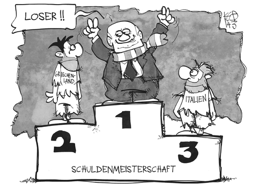 Cartoon: Schuldenmeisterschaft (medium) by Kostas Koufogiorgos tagged illustration,karikatur,koufogiorgos,cartoon,hoeneß,steuern,steuermeisterschaft,bayern,griechenland,italien,geld,betrug,steuerbetrug,sieger,gewinner,treppchen,illustration,karikatur,koufogiorgos,cartoon,hoeneß,steuern,steuermeisterschaft,bayern,griechenland,italien,geld,betrug,steuerbetrug,sieger,gewinner,treppchen