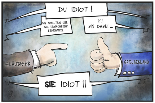 Cartoon: Schuldenstreit (medium) by Kostas Koufogiorgos tagged karikatur,koufogiorgos,illustration,cartoon,griechenland,europa,schuldenstreit,gläubiger,lagarde,kinder,erwachsene,duzen,siezen,kindisch,förmlich,idiot,beschimpfung,konflikt,krise,institutionen,troika,politik,karikatur,koufogiorgos,illustration,cartoon,griechenland,europa,schuldenstreit,gläubiger,lagarde,kinder,erwachsene,duzen,siezen,kindisch,förmlich,idiot,beschimpfung,konflikt,krise,institutionen,troika,politik