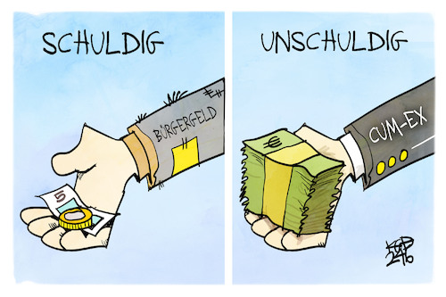 Cartoon: Schuldig-unschuldig (medium) by Kostas Koufogiorgos tagged karikatur,koufogiorgos,cum,ex,bürgergeld,schuldig,unschuldig,geld,betrug,karikatur,koufogiorgos,cum,ex,bürgergeld,schuldig,unschuldig,geld,betrug