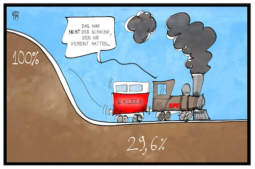 Cartoon: Schulzzug (medium) by Kostas Koufogiorgos tagged karikatur,koufogiorgos,illustration,cartoon,schulzzug,bahn,abschwung,schwung,saarland,landtagswahl,spd,partei,politik,karikatur,koufogiorgos,illustration,cartoon,schulzzug,bahn,abschwung,schwung,saarland,landtagswahl,spd,partei,politik