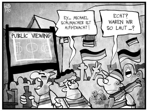 Cartoon: Schumacher und das PublicViewing (medium) by Kostas Koufogiorgos tagged karikatur,koufogiorgos,cartoon,illustration,schumacher,koma,aufwachen,public,viewing,feier,lautstärke,fussball,sport,fan,wm,weltmeisterschaft,karikatur,koufogiorgos,cartoon,illustration,schumacher,koma,aufwachen,public,viewing,feier,lautstärke,fussball,sport,fan,wm,weltmeisterschaft