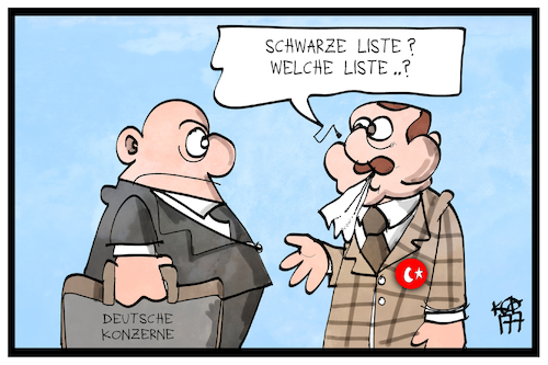 Cartoon: Schwarze Liste (medium) by Kostas Koufogiorgos tagged karikatur,koufogiorgos,illustration,cartoon,liste,erdogan,tuerkei,wirtschaft,konzern,deutschland,unternehmen,karikatur,koufogiorgos,illustration,cartoon,liste,erdogan,tuerkei,wirtschaft,konzern,deutschland,unternehmen