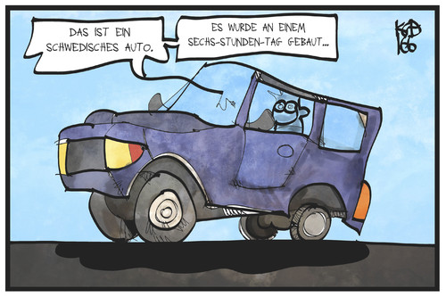 Cartoon: Schwedische Arbeitszeit (medium) by Kostas Koufogiorgos tagged karikatur,koufogiorgos,illustration,cartoon,schweden,auto,arbeitszeit,reform,wirtschaft,karikatur,koufogiorgos,illustration,cartoon,schweden,auto,arbeitszeit,reform,wirtschaft