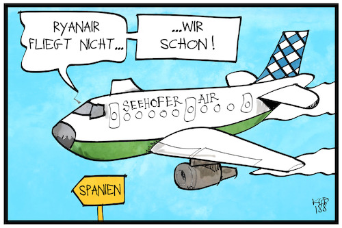 Cartoon: Seehofer Air (medium) by Kostas Koufogiorgos tagged karikatur,koufogiorgos,illustration,cartoon,seehofer,fluglinie,flugzeug,fliegen,rückführung,migranten,spanien,ryanair,streik,asylpolitik,migration,csu,karikatur,koufogiorgos,illustration,cartoon,seehofer,fluglinie,flugzeug,fliegen,rückführung,migranten,spanien,ryanair,streik,asylpolitik,migration,csu