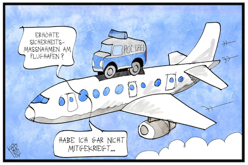 Cartoon: Sicherheit am Flughafen (medium) by Kostas Koufogiorgos tagged karikatur,koufogiorgos,illustration,cartoon,flughafen,sicherheit,polizei,kontrolle,alarmstufe,terrorgefahr,reise,tourismus,karikatur,koufogiorgos,illustration,cartoon,flughafen,sicherheit,polizei,kontrolle,alarmstufe,terrorgefahr,reise,tourismus