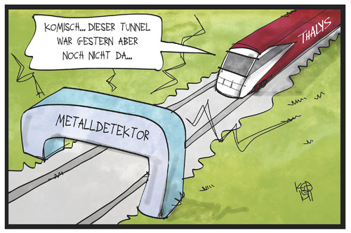 Cartoon: Sicherheit in Zügen (medium) by Kostas Koufogiorgos tagged karikatur,koufogiorgos,illustration,cartoon,sicherheit,thalys,zug,metalldetektor,kontrolle,verkehr,sicherheitsmaßnahme,frankreich,karikatur,koufogiorgos,illustration,cartoon,sicherheit,thalys,zug,metalldetektor,kontrolle,verkehr,sicherheitsmaßnahme,frankreich