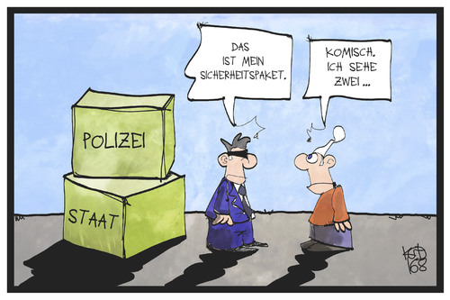 Cartoon: Sicherheitspaket (medium) by Kostas Koufogiorgos tagged karikatur,koufogiorgos,illustration,cartoon,de,maiziere,sicherheitspaket,polizei,staat,überwachung,innenminister,politik,terrorangst,karikatur,koufogiorgos,illustration,cartoon,de,maiziere,sicherheitspaket,polizei,staat,überwachung,innenminister,politik,terrorangst