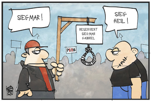 Cartoon: Sieg mar! (medium) by Kostas Koufogiorgos tagged karikatur,koufogiorgos,illustration,cartoon,sigmar,gabriel,galgen,neonazi,pegida,rechtspopulismus,rechtsextremismus,demonstration,islamkritisch,heil,karikatur,koufogiorgos,illustration,cartoon,sigmar,gabriel,galgen,neonazi,pegida,rechtspopulismus,rechtsextremismus,demonstration,islamkritisch,heil