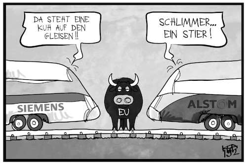 Cartoon: Siemens-Alstom (medium) by Kostas Koufogiorgos tagged karikatur,koufogiorgos,illustration,cartoon,siemens,alstom,zug,eu,kuh,gleis,stier,kartell,wirtschaft,verkehr,karikatur,koufogiorgos,illustration,cartoon,siemens,alstom,zug,eu,kuh,gleis,stier,kartell,wirtschaft,verkehr