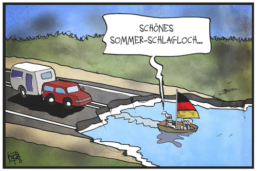 Cartoon: Sommer-Schlagloch (medium) by Kostas Koufogiorgos tagged wasser,segeln,wohnwagen,camping,ferien,urlauber,infrastruktur,schaden,urlaub,strasse,schlagloch,sommerloch,cartoon,illustration,koufogiorgos,karikatur,karikatur,koufogiorgos,illustration,cartoon,sommerloch,schlagloch,strasse,urlaub,schaden,infrastruktur,urlauber,ferien,camping,wohnwagen,segeln,wasser