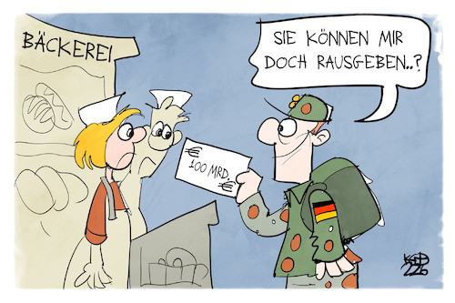 Cartoon: Sondervermögen Bundeswehr (medium) by Kostas Koufogiorgos tagged karikatur,koufogiorgos,bundeswehr,soldat,geld,kleingeld,wechselgeld,bäckerei,sondervermögen,karikatur,koufogiorgos,bundeswehr,soldat,geld,kleingeld,wechselgeld,bäckerei,sondervermögen