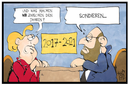 Cartoon: Sondieren zwischen den Jahren (medium) by Kostas Koufogiorgos tagged karikatur,koufogiorgos,illustration,cartoon,sondierung,jahren,merkel,schulz,politik,regierung,karikatur,koufogiorgos,illustration,cartoon,sondierung,jahren,merkel,schulz,politik,regierung