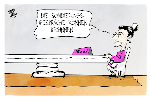 Cartoon: Sondierungen mit Wagenknecht (medium) by Kostas Koufogiorgos tagged karikatur,koufogiorgos,wagenknecht,tisch,bsw,sondierung,karikatur,koufogiorgos,wagenknecht,tisch,bsw,sondierung