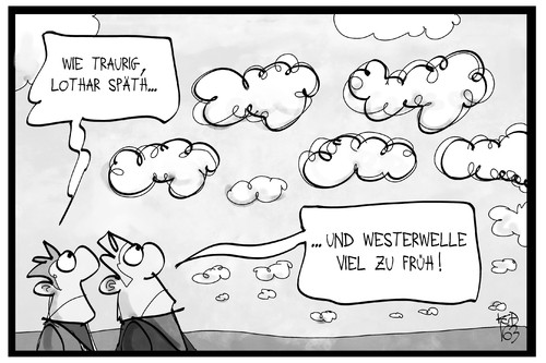 Cartoon: Späth und Westerwelle (medium) by Kostas Koufogiorgos tagged karikatur,koufogiorgos,illustration,cartoon,westerwelle,späth,himmel,wolken,tod,krebs,leukämie,politiker,trauer,nachruf,krankheit,karikatur,koufogiorgos,illustration,cartoon,westerwelle,späth,himmel,wolken,tod,krebs,leukämie,politiker,trauer,nachruf,krankheit