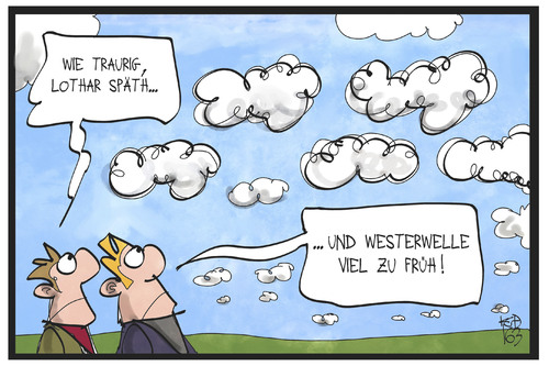 Cartoon: Späth und Westerwelle (medium) by Kostas Koufogiorgos tagged karikatur,koufogiorgos,illustration,cartoon,westerwelle,späth,himmel,wolken,tod,krebs,leukämie,politiker,trauer,nachruf,krankheit,karikatur,koufogiorgos,illustration,cartoon,westerwelle,späth,himmel,wolken,tod,krebs,leukämie,politiker,trauer,nachruf,krankheit