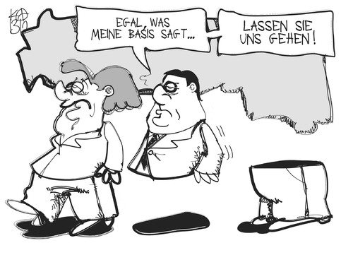 Cartoon: SPD-Mitgliederentscheid (medium) by Kostas Koufogiorgos tagged spd,mitgliederentscheid,basis,gabriel,merkel,groko,regierung,politik,karikatur,koufogiorgos,spd,mitgliederentscheid,basis,gabriel,merkel,groko,regierung,politik,karikatur,koufogiorgos