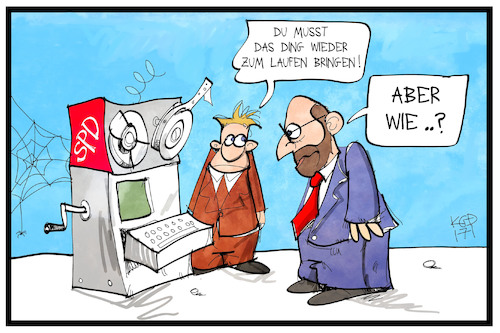 Cartoon: SPD-Neustart (medium) by Kostas Koufogiorgos tagged koufogiorgos,illustration,cartoon,karikatur,spd,sozialdemokraten,partei,rechner,neustart,veraltet,altmodisch,wahlkampf,kanzlerkandidat,koufogiorgos,illustration,cartoon,karikatur,spd,sozialdemokraten,partei,rechner,neustart,veraltet,altmodisch,wahlkampf,kanzlerkandidat