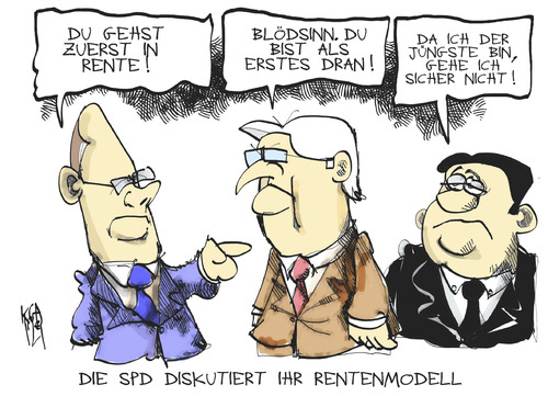 Cartoon: SPD-Rentendiskussion (medium) by Kostas Koufogiorgos tagged spd,troika,kandidat,kanzler,steinmeier,steinbrück,gabriel,rente,karikatur,kostas,koufogiorgos,spd,troika,kandidat,kanzler,steinmeier,steinbrück,gabriel,rente,karikatur,kostas,koufogiorgos