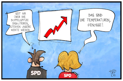 Cartoon: SPD-Umfrage (medium) by Kostas Koufogiorgos tagged karikatur,koufogiorgos,illustration,cartoon,spd,umfrage,hitze,doppelspitze,partei,vorstand,politik,karikatur,koufogiorgos,illustration,cartoon,spd,umfrage,hitze,doppelspitze,partei,vorstand,politik