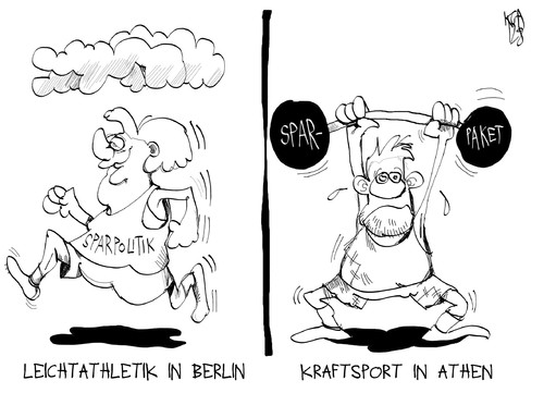 Cartoon: Sportliche Politik (medium) by Kostas Koufogiorgos tagged athen,berlin,sport,leichtathletik,kraftsport,gewicht,heben,sparpolitik,sparpaket,europa,euro,schulden,krise,merkel,karikatur,kostas,koufogiorgos,deutschland,griechenland