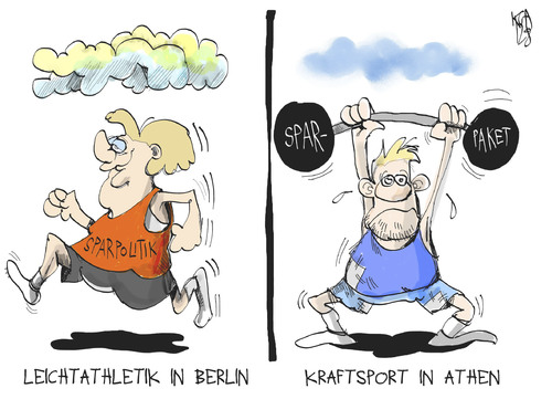 Cartoon: Sportliche Politik (medium) by Kostas Koufogiorgos tagged athen,berlin,sport,leichtathletik,kraftsport,gewicht,heben,sparpolitik,sparpaket,europa,euro,schulden,krise,merkel,karikatur,kostas,koufogiorgos,deutschland,griechenland