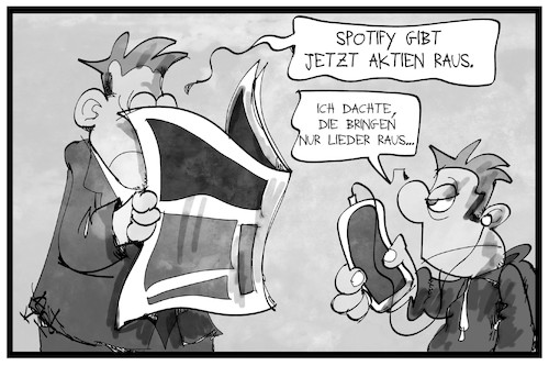 Cartoon: Spotify geht an die Börse (medium) by Kostas Koufogiorgos tagged karikatur,koufogiorgos,illustration,cartoon,spotify,börse,nachrichten,zeitung,jugend,musik,playlist,karikatur,koufogiorgos,illustration,cartoon,spotify,börse,nachrichten,zeitung,jugend,musik,playlist