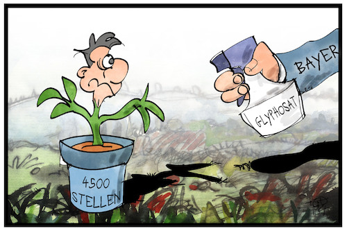 Cartoon: Stellenabbau Bayer (medium) by Kostas Koufogiorgos tagged karikatur,koufogiorgos,illustration,cartoon,bayer,monsanto,glyphosat,gift,mitarbeiter,chemie,arbeitsplatz,karikatur,koufogiorgos,illustration,cartoon,bayer,monsanto,glyphosat,gift,mitarbeiter,chemie,arbeitsplatz