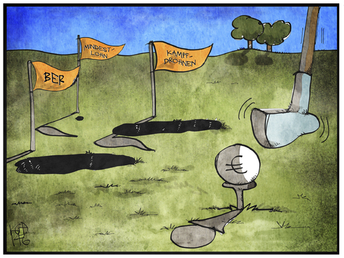 Cartoon: Steuergeld versenken (medium) by Kostas Koufogiorgos tagged karikatur,koufogiorgos,illustration,cartoon,mindestlohn,ber,flughafen,drohnenprojekt,golf,geld,euro,steuergeld,milliardengrab,politik,berlin,karikatur,koufogiorgos,illustration,cartoon,mindestlohn,ber,flughafen,drohnenprojekt,golf,geld,euro,steuergeld,milliardengrab,politik,berlin