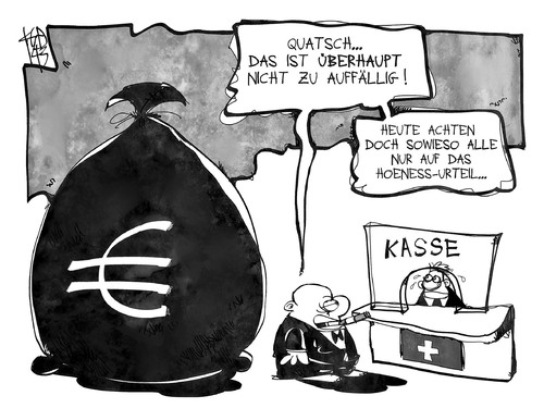 Cartoon: Steuerhinterziehung (medium) by Kostas Koufogiorgos tagged karikatur,koufogiorgos,illustration,cartoon,hoeness,steuerhinterziehung,urteil,geld,wirtschaft,steuern,schwarzgeld,bank,kasse,schweiz,schalter,karikatur,koufogiorgos,illustration,cartoon,hoeness,steuerhinterziehung,urteil,geld,wirtschaft,steuern,schwarzgeld,bank,kasse,schweiz,schalter