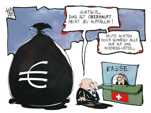 Cartoon: Steuerhinterziehung (medium) by Kostas Koufogiorgos tagged karikatur,koufogiorgos,illustration,cartoon,hoeness,steuerhinterziehung,urteil,geld,wirtschaft,steuern,schwarzgeld,bank,kasse,schweiz,schalter,karikatur,koufogiorgos,illustration,cartoon,hoeness,steuerhinterziehung,urteil,geld,wirtschaft,steuern,schwarzgeld,bank,kasse,schweiz,schalter