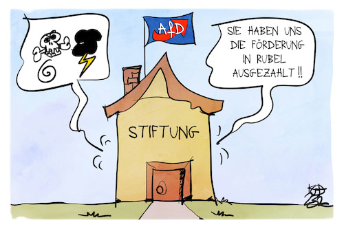 Cartoon: Stiftungsförderung (medium) by Kostas Koufogiorgos tagged karikatur,koufogiorgos,afd,desiderius,erasmus,stiftung,geld,förderung,rubel,haus,karikatur,koufogiorgos,afd,desiderius,erasmus,stiftung,geld,förderung,rubel,haus