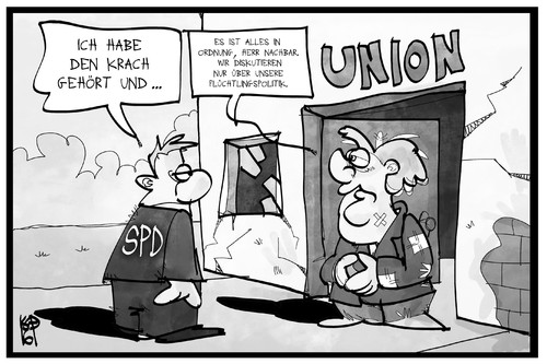 Cartoon: Streit in der Union (medium) by Kostas Koufogiorgos tagged karikatur,koufogiorgos,illustration,cartoon,merkel,union,cdu,spd,koalition,nachbar,regierung,angeschlagen,flüchtlingspolitik,karikatur,koufogiorgos,illustration,cartoon,merkel,union,cdu,spd,koalition,nachbar,regierung,angeschlagen,flüchtlingspolitik