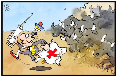 Cartoon: Sturm auf die Hausarztpraxis (medium) by Kostas Koufogiorgos tagged karikatur,koufogiorgos,illustration,cartoon,hausarzt,torrero,stier,ansturm,impfwillige,praxis,arena,stierkampf,karikatur,koufogiorgos,illustration,cartoon,hausarzt,torrero,stier,ansturm,impfwillige,praxis,arena,stierkampf