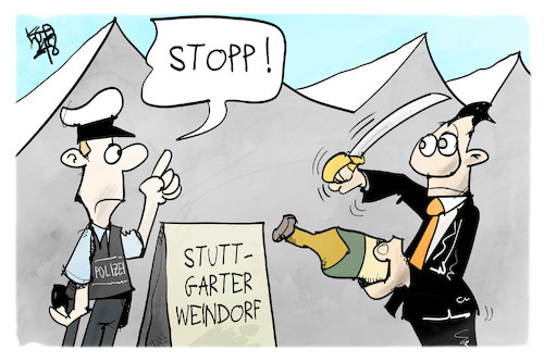 Cartoon: Stuttgarter Weindorf (medium) by Kostas Koufogiorgos tagged karikatur,koufogiorgos,sabrieren,champagner,polizei,säbel,messer,weindorf,stuttgart,karikatur,koufogiorgos,sabrieren,champagner,polizei,säbel,messer,weindorf,stuttgart