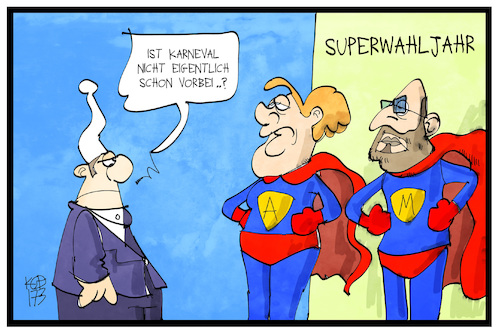 Cartoon: Superwahljahr (medium) by Kostas Koufogiorgos tagged karikatur,koufogiorgos,illustration,cartoon,superwahljahr,supermann,michel,merkel,schulz,verkleidung,karneval,landtagswahl,saarland,karikatur,koufogiorgos,illustration,cartoon,superwahljahr,supermann,michel,merkel,schulz,verkleidung,karneval,landtagswahl,saarland