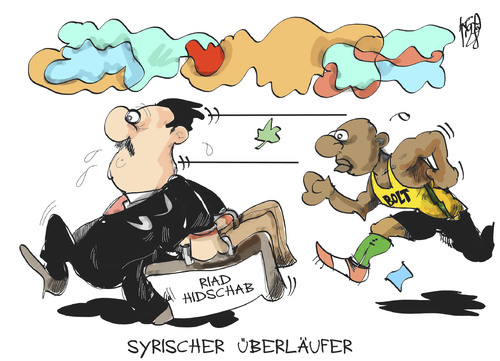 Cartoon: Syrien (medium) by Kostas Koufogiorgos tagged syrien,riyad,hijab,regierungschef,bolt,olympische,spiele,sprint,bürgerkrieg,überläufer,karikatur,kostas,koufogiorgos