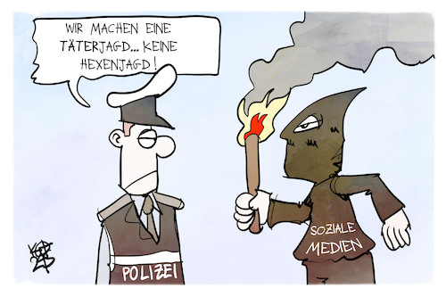 Cartoon: Täterjagd und Hexenjagd (medium) by Kostas Koufogiorgos tagged karikatur,koufogiorgos,täterjagd,hexenjadd,polizei,polizist,soziale,medien,karikatur,koufogiorgos,täterjagd,hexenjadd,polizei,polizist,soziale,medien