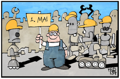 Cartoon: Tag der Arbeit 4.0 (medium) by Kostas Koufogiorgos tagged karikatur,koufogiorgos,illustration,cartoon,tag,arbeit,demonstration,industrie,roboter,cobots,industrialisierung,feiertag,karikatur,koufogiorgos,illustration,cartoon,tag,arbeit,demonstration,industrie,roboter,cobots,industrialisierung,feiertag