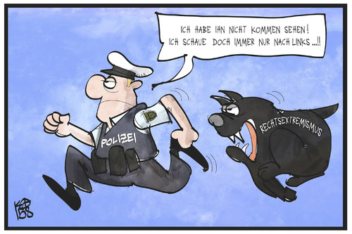 Cartoon: Terror von rechts (medium) by Kostas Koufogiorgos tagged karikatur,koufogiorgos,illustration,cartoon,polizei,polizist,hund,wild,rechtsextremismus,terrorismus,blind,rechts,links,politik,karikatur,koufogiorgos,illustration,cartoon,polizei,polizist,hund,wild,rechtsextremismus,terrorismus,blind,rechts,links,politik