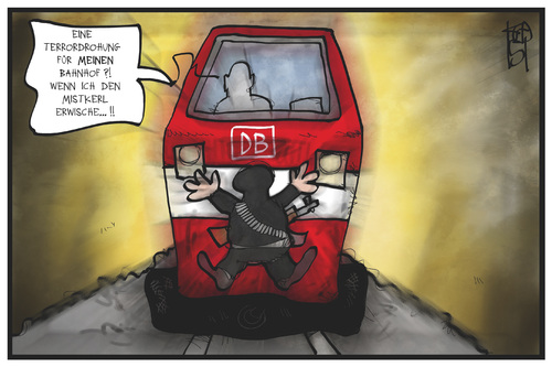 Cartoon: Terrorwarnung im Bahnhof (medium) by Kostas Koufogiorgos tagged karikatur,koufogiorgos,illustration,cartoon,bahnhof,terrorwarnung,anschlag,terrorismus,zug,eisenbahn,lok,lokführer,politik,bahn,db,terrorist,karikatur,koufogiorgos,illustration,cartoon,bahnhof,terrorwarnung,anschlag,terrorismus,zug,eisenbahn,lok,lokführer,politik,bahn,db,terrorist