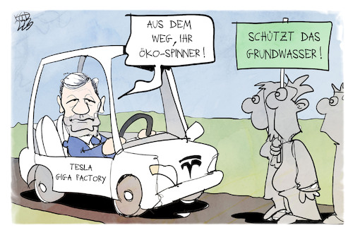 Cartoon: Tesla Giga Factory (medium) by Kostas Koufogiorgos tagged karikatur,koufogiorgos,tesla,elektroauto,elektromobilität,habeck,umweltschutz,grundwasser,wirtschaft,fabrik,giga,factory,karikatur,koufogiorgos,tesla,elektroauto,elektromobilität,habeck,umweltschutz,grundwasser,wirtschaft,fabrik,giga,factory