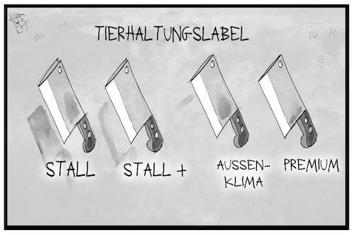 Cartoon: Tierhaltungslabel (medium) by Kostas Koufogiorgos tagged karikatur,koufogiorgos,illustration,cartoon,tierhaltung,label,tierschutz,tierleid,tierwohl,schlachter,metzger,einzelhandel,lebensmittel,messer,beil,verbraucherschutz,karikatur,koufogiorgos,illustration,cartoon,tierhaltung,label,tierschutz,tierleid,tierwohl,schlachter,metzger,einzelhandel,lebensmittel,messer,beil,verbraucherschutz