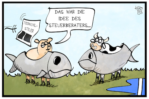 Cartoon: Tierwohlsteuer (medium) by Kostas Koufogiorgos tagged karikatur,koufogiorgos,illustration,cartoon,tierwohl,steuer,schwein,kuh,fisch,karikatur,koufogiorgos,illustration,cartoon,tierwohl,steuer,schwein,kuh,fisch