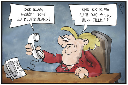 Cartoon: Tillich ist das Volk (medium) by Kostas Koufogiorgos tagged karikatur,koufogiorgos,illustration,cartoon,tillich,merkel,islam,sachsen,volk,pegida,politik,telefon,karikatur,koufogiorgos,illustration,cartoon,tillich,merkel,islam,sachsen,volk,pegida,politik,telefon