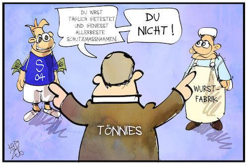 Cartoon: Tönnies Doppelmoral (medium) by Kostas Koufogiorgos tagged karikatur,koufogiorgos,illustration,cartoon,toennies,schalke,manager,präsident,fleischer,schlachter,wurstfabrik,arbeiter,doppelmoral,fussball,verein,geld,armut,spieler,corona,schutzmassnahmen,karikatur,koufogiorgos,illustration,cartoon,toennies,schalke,manager,präsident,fleischer,schlachter,wurstfabrik,arbeiter,doppelmoral,fussball,verein,geld,armut,spieler,corona,schutzmassnahmen