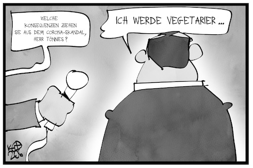 Cartoon: Tönnies zieht Konsequenzen (medium) by Kostas Koufogiorgos tagged karikatur,koufogiorgos,illustration,cartoon,toennies,vegetarier,fleisch,fleischfabrik,schaden,haftung,konsequenzen,corona,skandal,covid19,karikatur,koufogiorgos,illustration,cartoon,toennies,vegetarier,fleisch,fleischfabrik,schaden,haftung,konsequenzen,corona,skandal,covid19